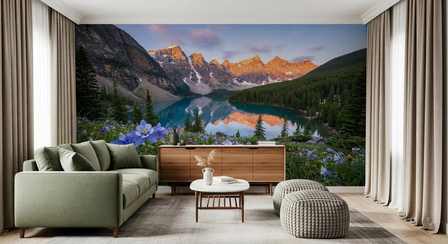 Open lounge spaces stretch outward with Alpine Glow Lakeside Blooms wall mural.GD9535