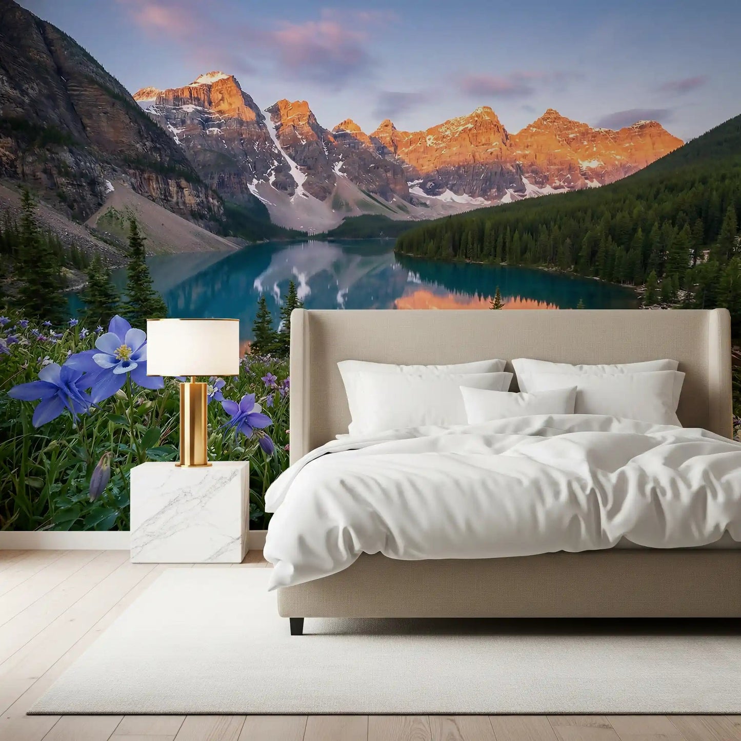 Quiet bedroom corners gain depth from Alpine Glow Blooms wall mural in sunset tones.GD9535