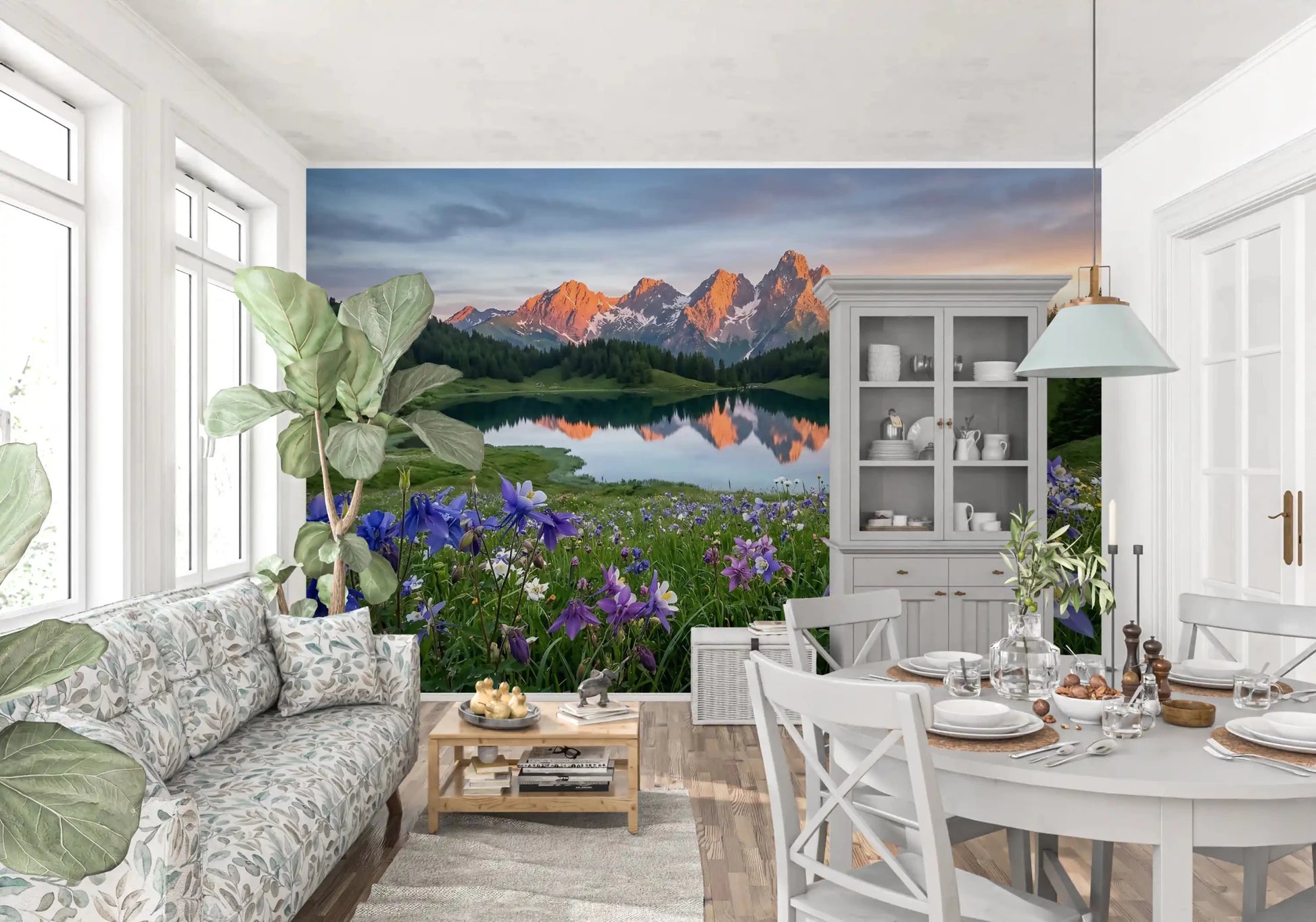 A still mountain lake mirrors the peaks in Alpine Glow Reflection wall mural.GD9536