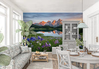 A still mountain lake mirrors the peaks in Alpine Glow Reflection wall mural.GD9536