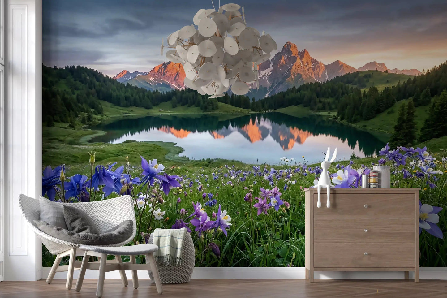 Living room corner feel scenic with Alpine Glow wall mural in mountain hues.GD9536