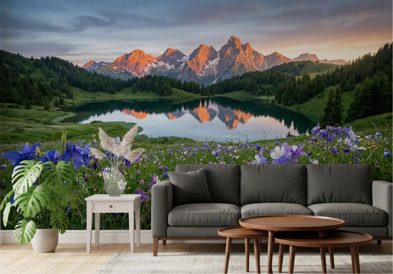 Glowing peaks rise across a living room behind Alpine Glow Reflection wall mural.GD9536