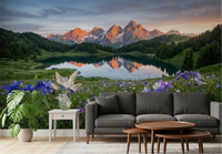 Glowing peaks rise across a living room behind Alpine Glow Reflection wall mural.GD9536