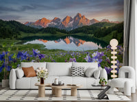 Open lounge spaces stretch outward with Alpine Glow Reflection wall mural.GD9536
