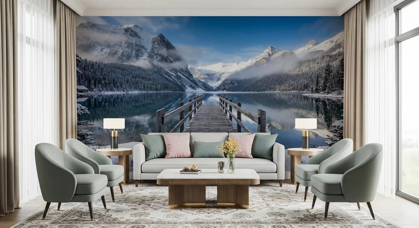 The Living room becomes a mirror lake scene with Alpine Lake Winter wall mural in view.GD9605