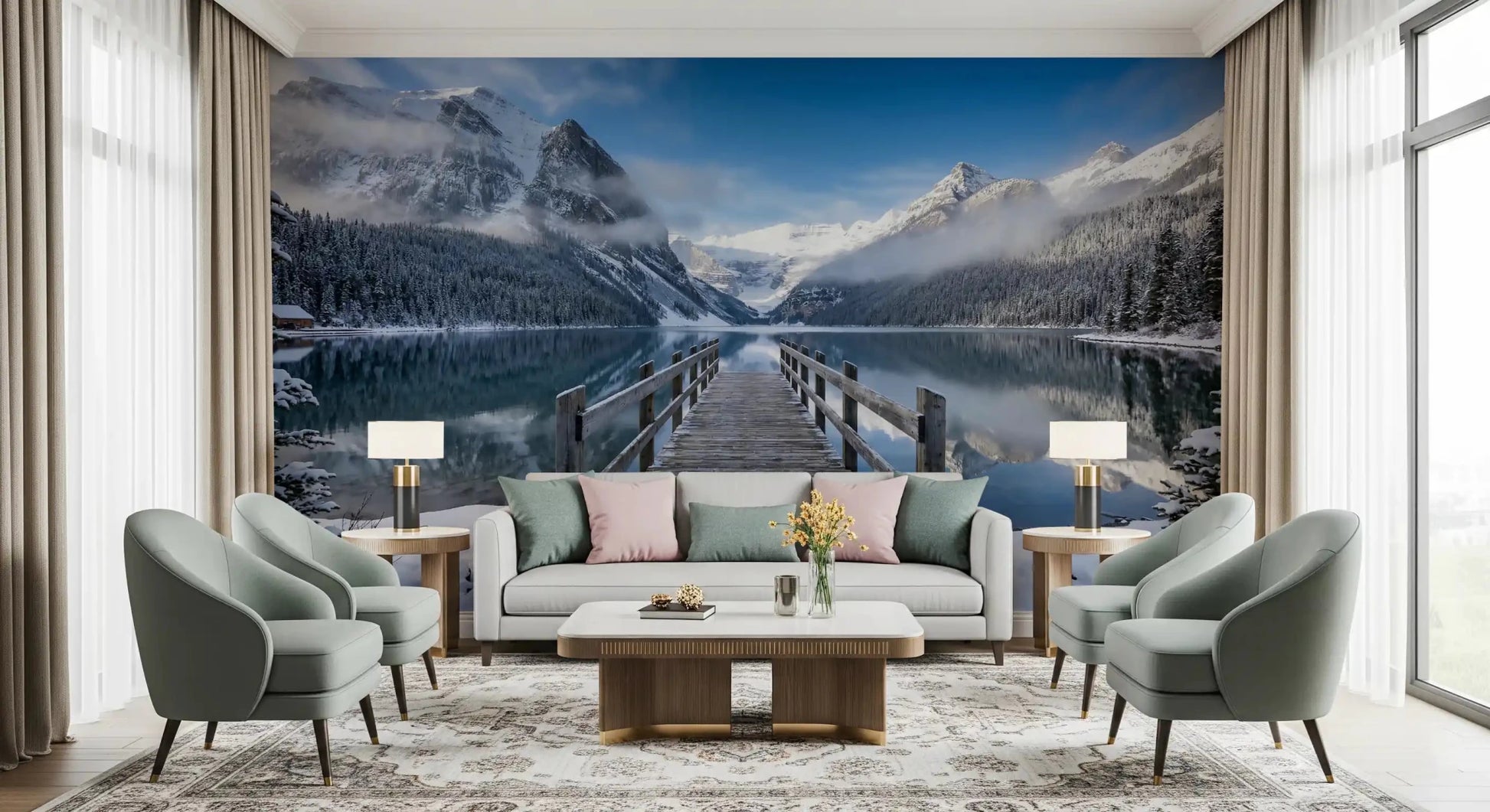 The Living room becomes a mirror lake scene with Alpine Lake Winter wall mural in view.GD9605