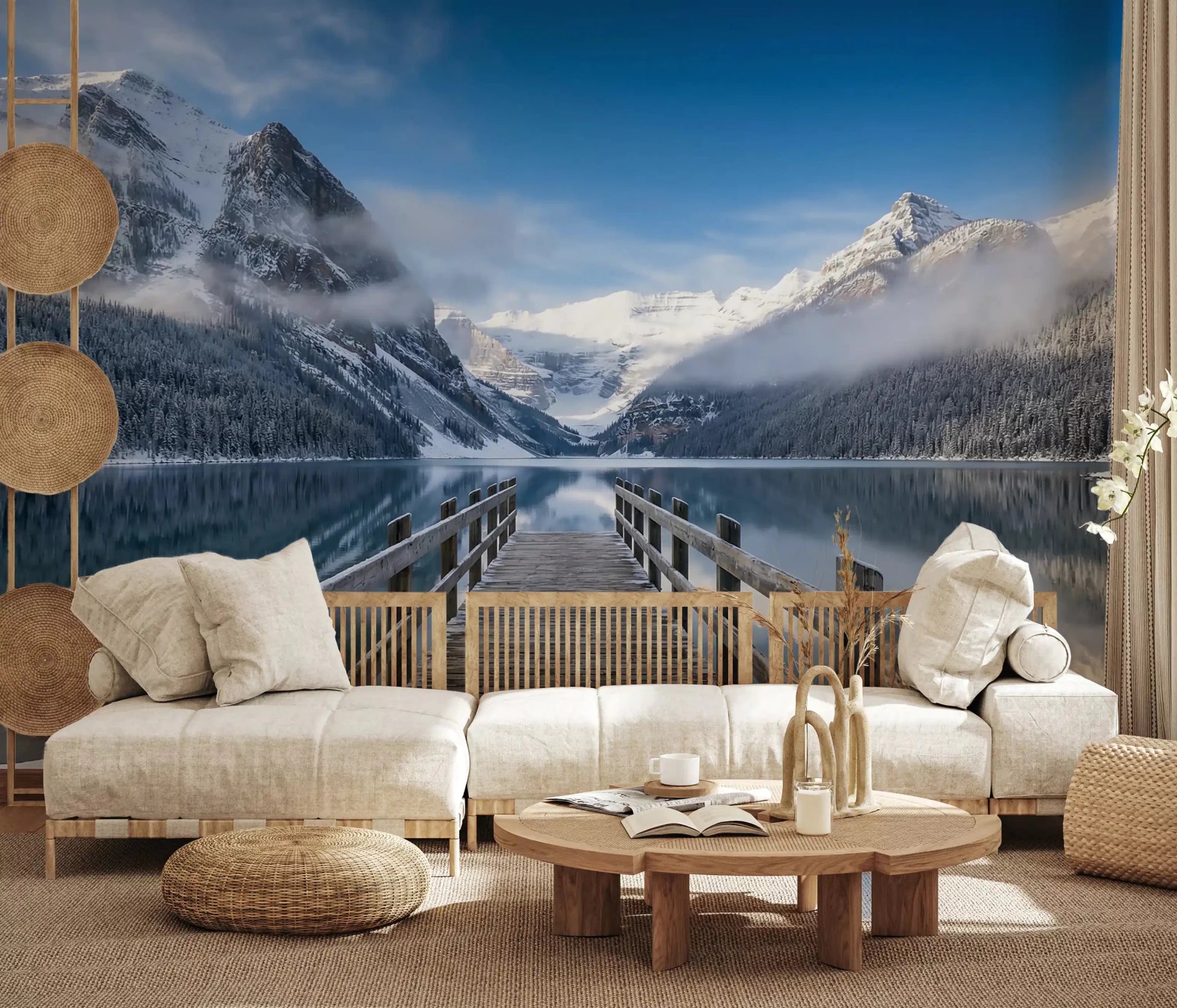 Wrapped around the Living room, Alpine Lake Winter Serenity wall mural deepens the cool tone GD9605