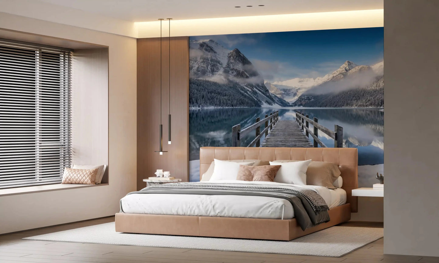 A snow-covered shoreline meets the lake within Alpine Lake Winter wall mural.GD9605