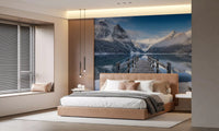 A snow-covered shoreline meets the lake within Alpine Lake Winter wall mural.GD9605