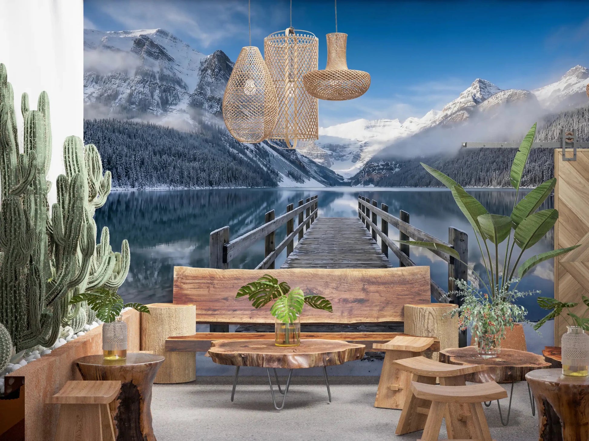 A calm Dining area finds depth in Alpine Lake Winter wall mural and its mountain scene. GD9605