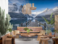A calm Dining area finds depth in Alpine Lake Winter wall mural and its mountain scene. GD9605