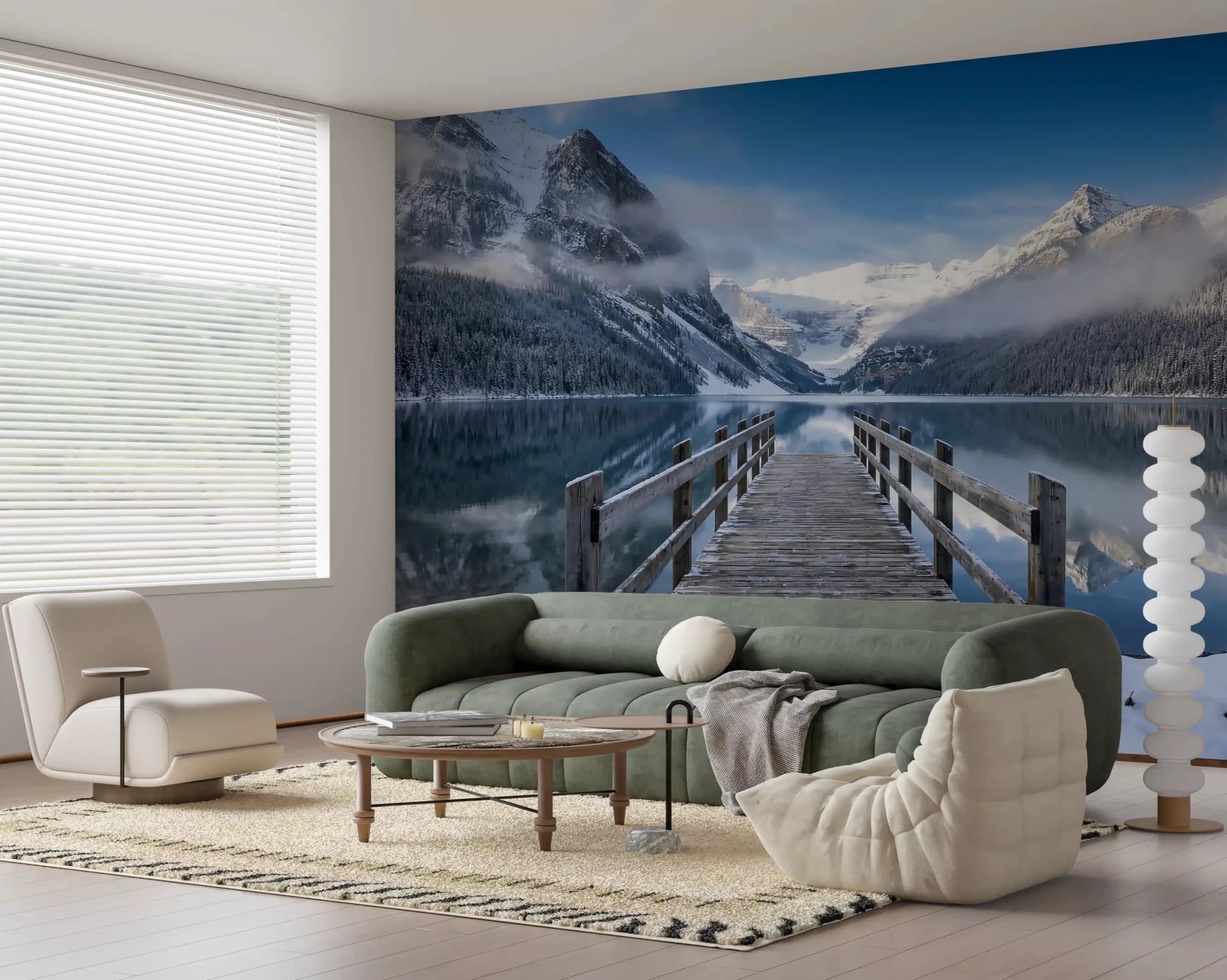 Alpine Lake Winter wall mural shows a wooden dock pointing toward snowy peaks.GD9605