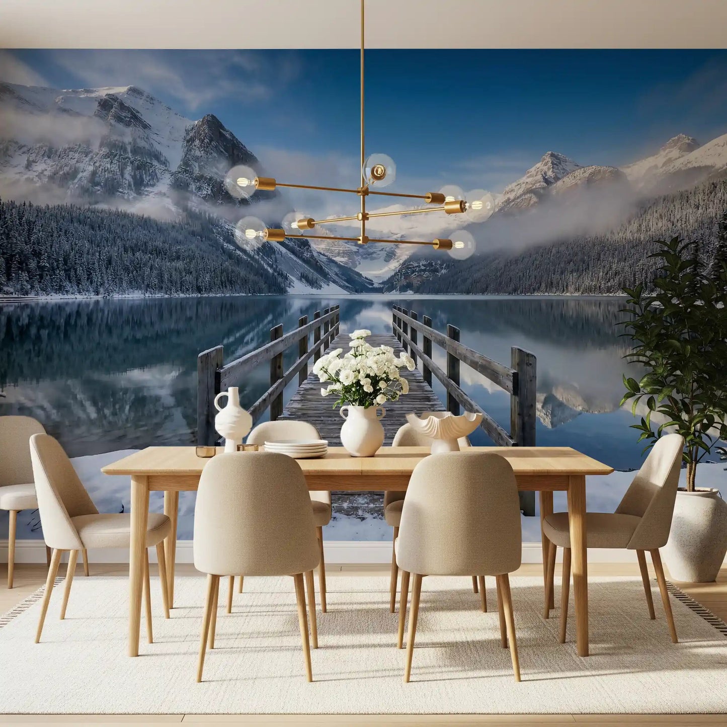 Pale mist clouds wrap behind the peaks of Alpine Lake Winter Serenity wall mural.GD9605