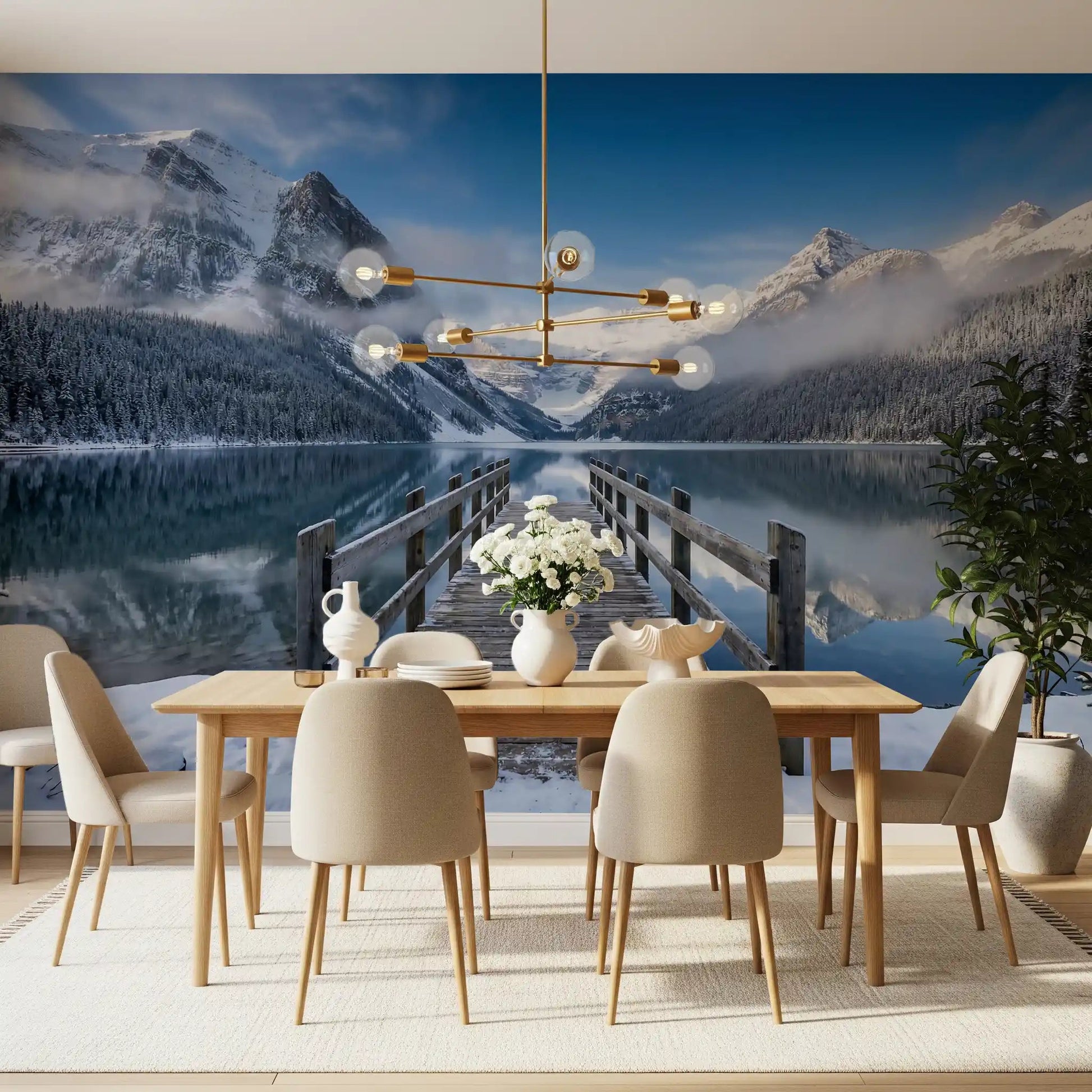 Pale mist clouds wrap behind the peaks of Alpine Lake Winter Serenity wall mural.GD9605
