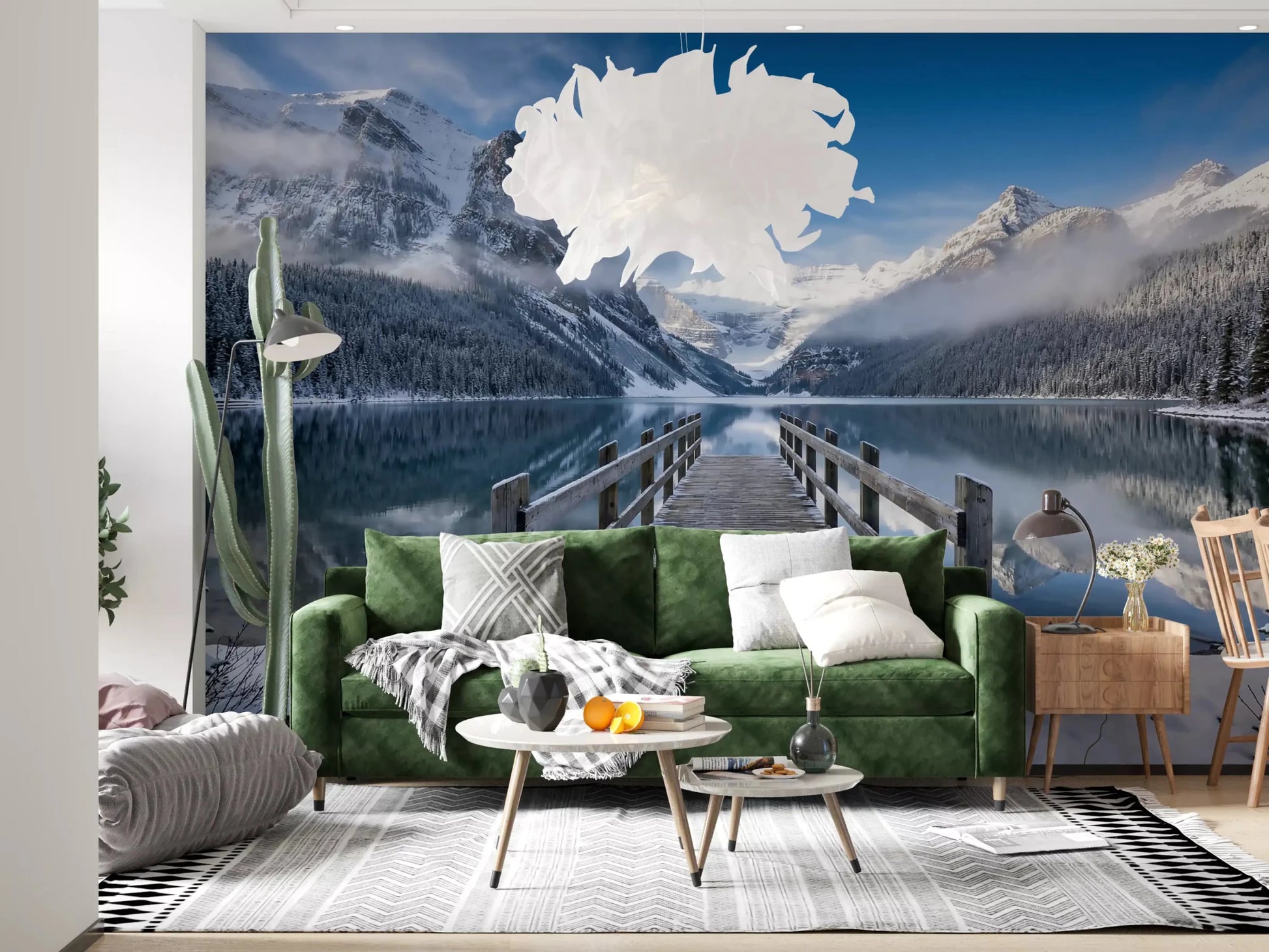 Snow peaks and a wooden dock anchor the Living room on Alpine Lake Winter wall mural.
 GD9605