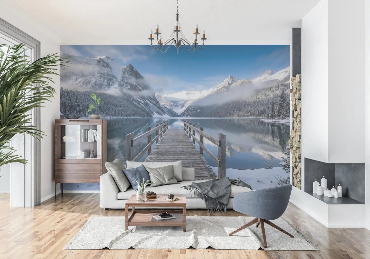 At the centre of frame, Alpine Lake Winter Serenity wall mural reveals mirror-clear water.GD9605