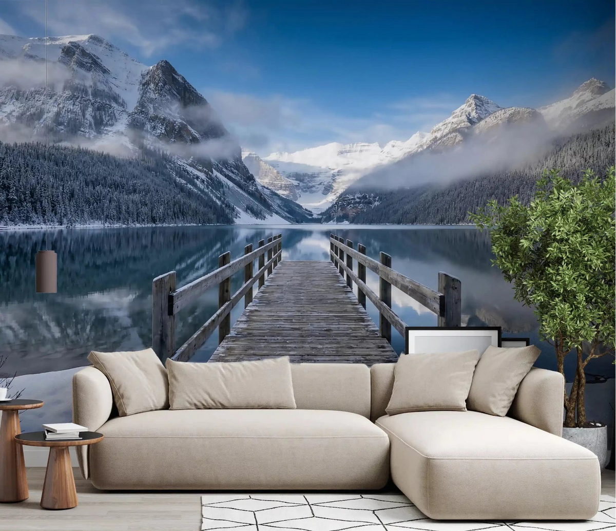 Alpine Lake Winter wall mural turns the living room into a snowy mountain view.GD9605