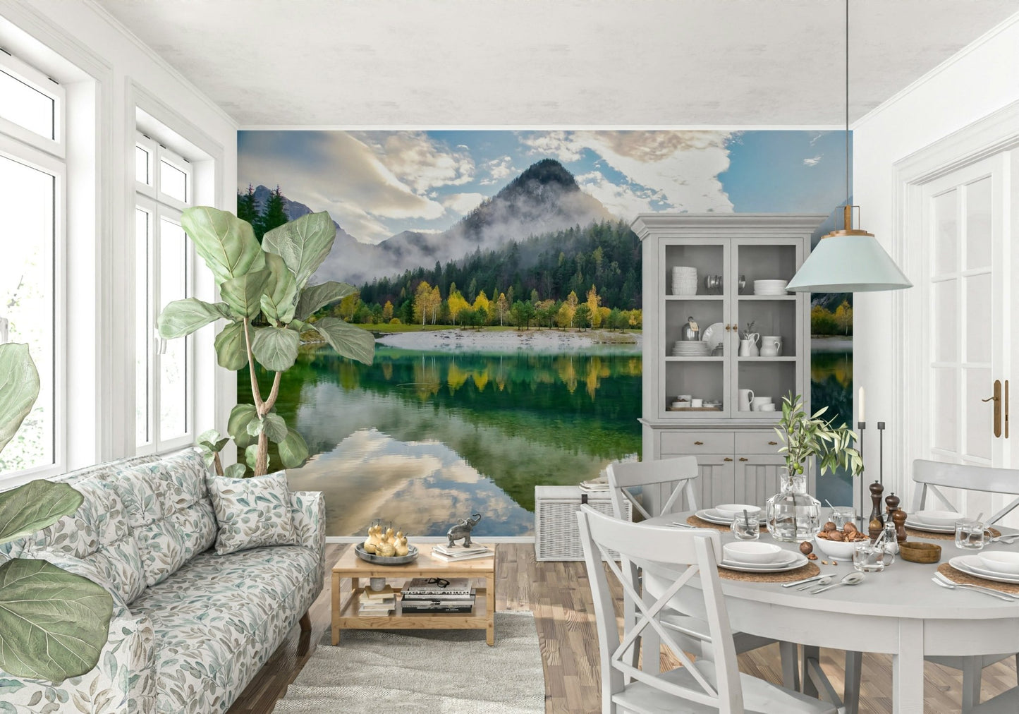 An artistic natural vista mural on scenic wallpaper.