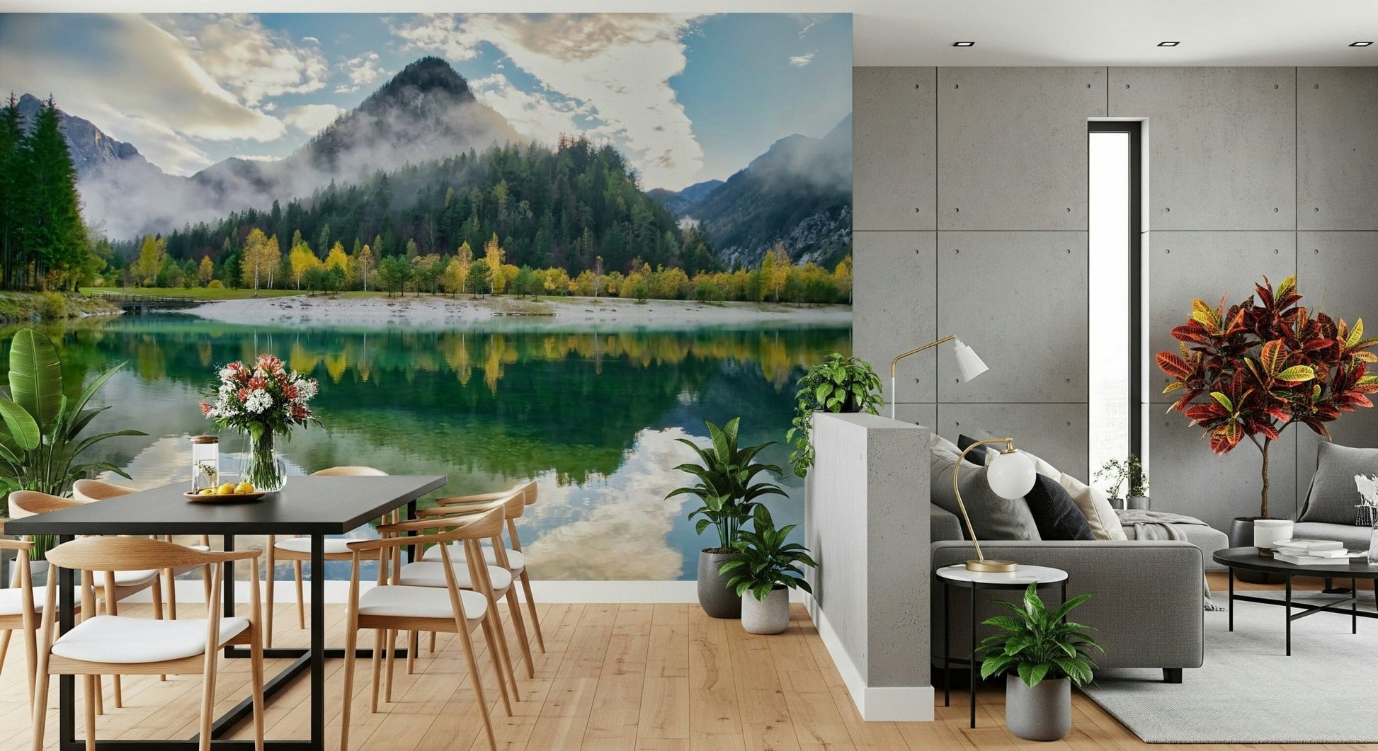 A calming serene view wallpaper mural that defines a space.