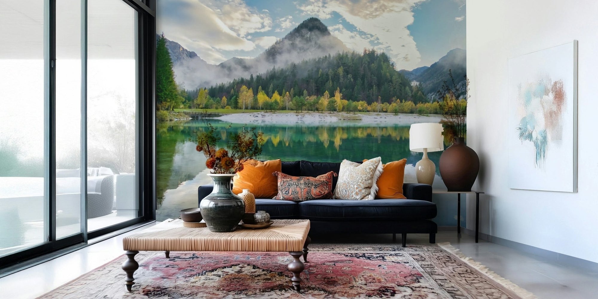 A beautiful alpine reflection wallpaper mural of a mountain lake., GD5780