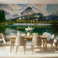 A peaceful open country mural on decorative wallpaper.
