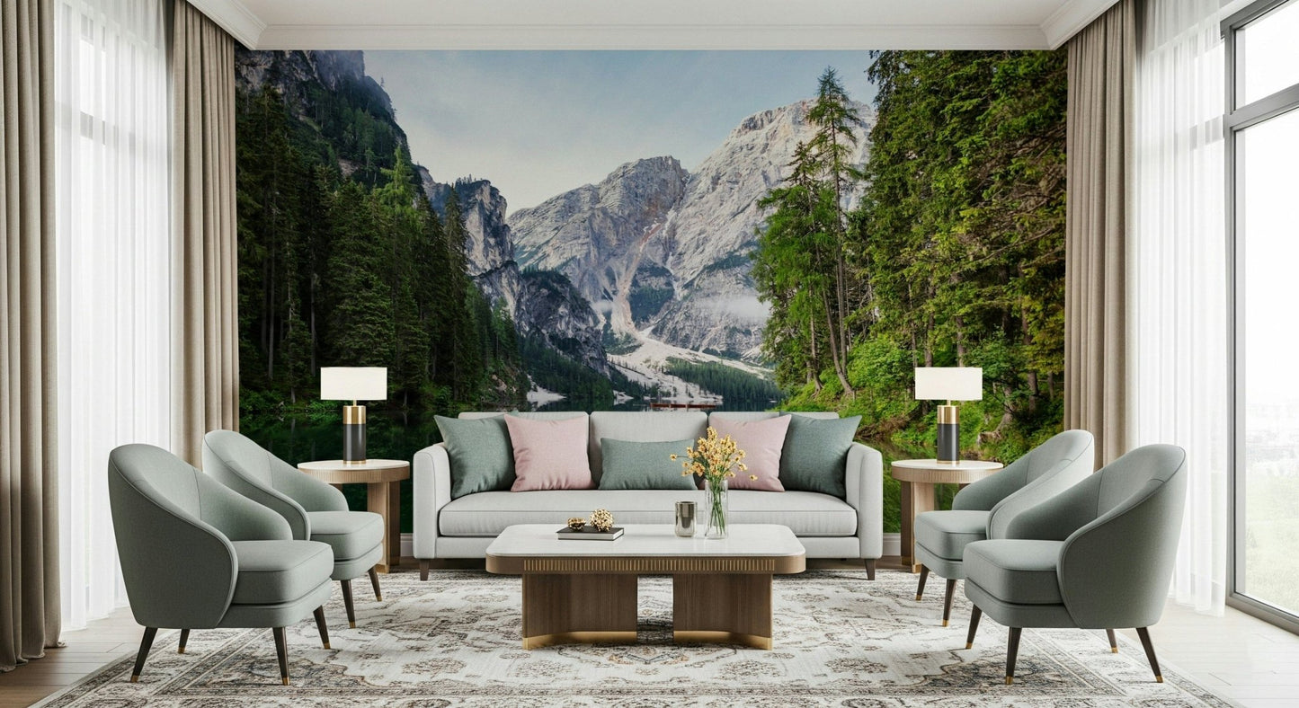 A formal sitting area gains crisp landscape depth from Alpine Reflections Wall Mural