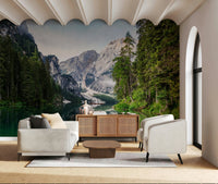 Alpine Reflections Wall Mural brings open alpine depth into this clean sitting room
