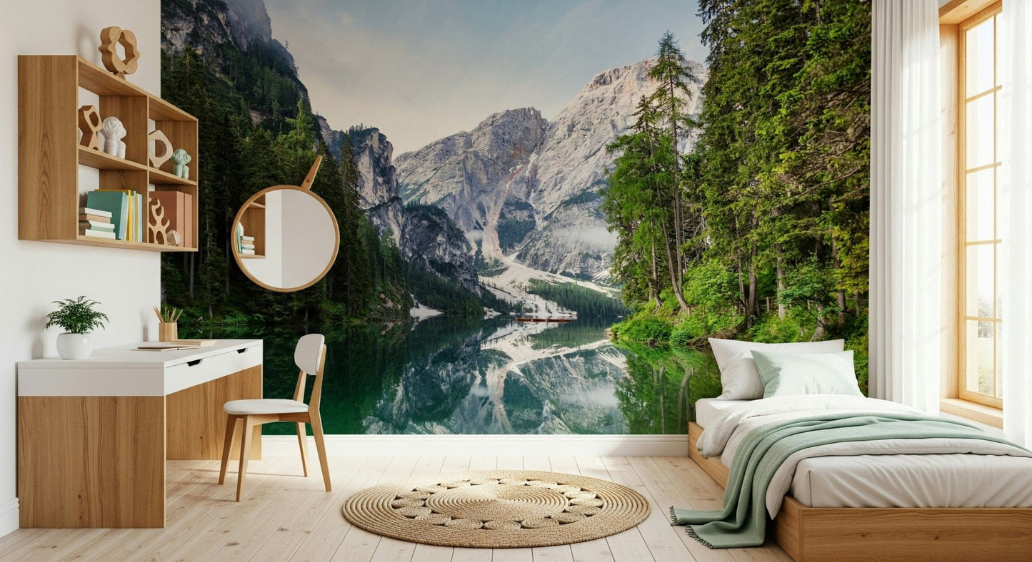 Alpine Reflections Wall Mural adds mountain calm to this soft bedroom setting
