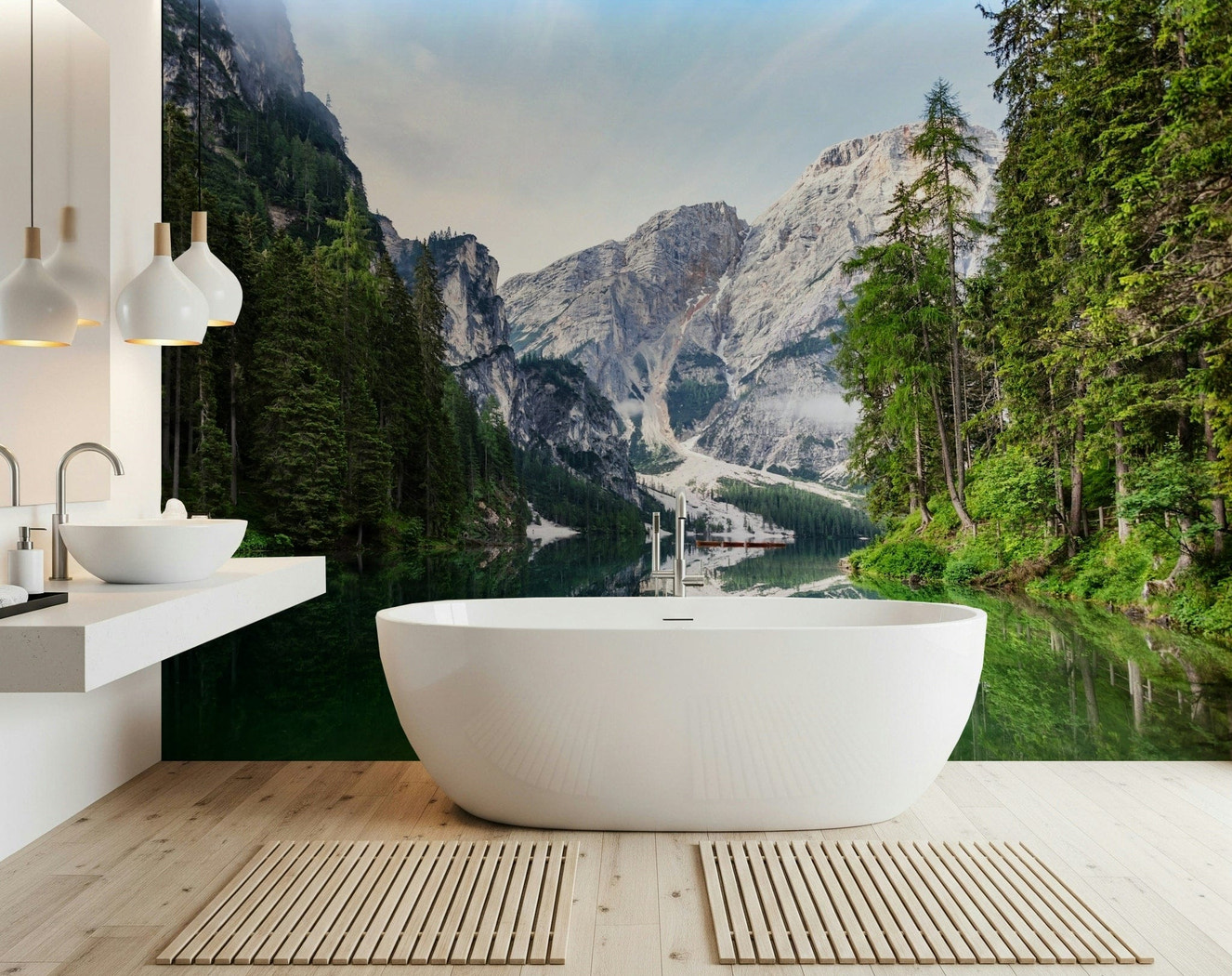 Alpine Reflections Wall Mural gives this bathroom a serene lake and mountain backdrop