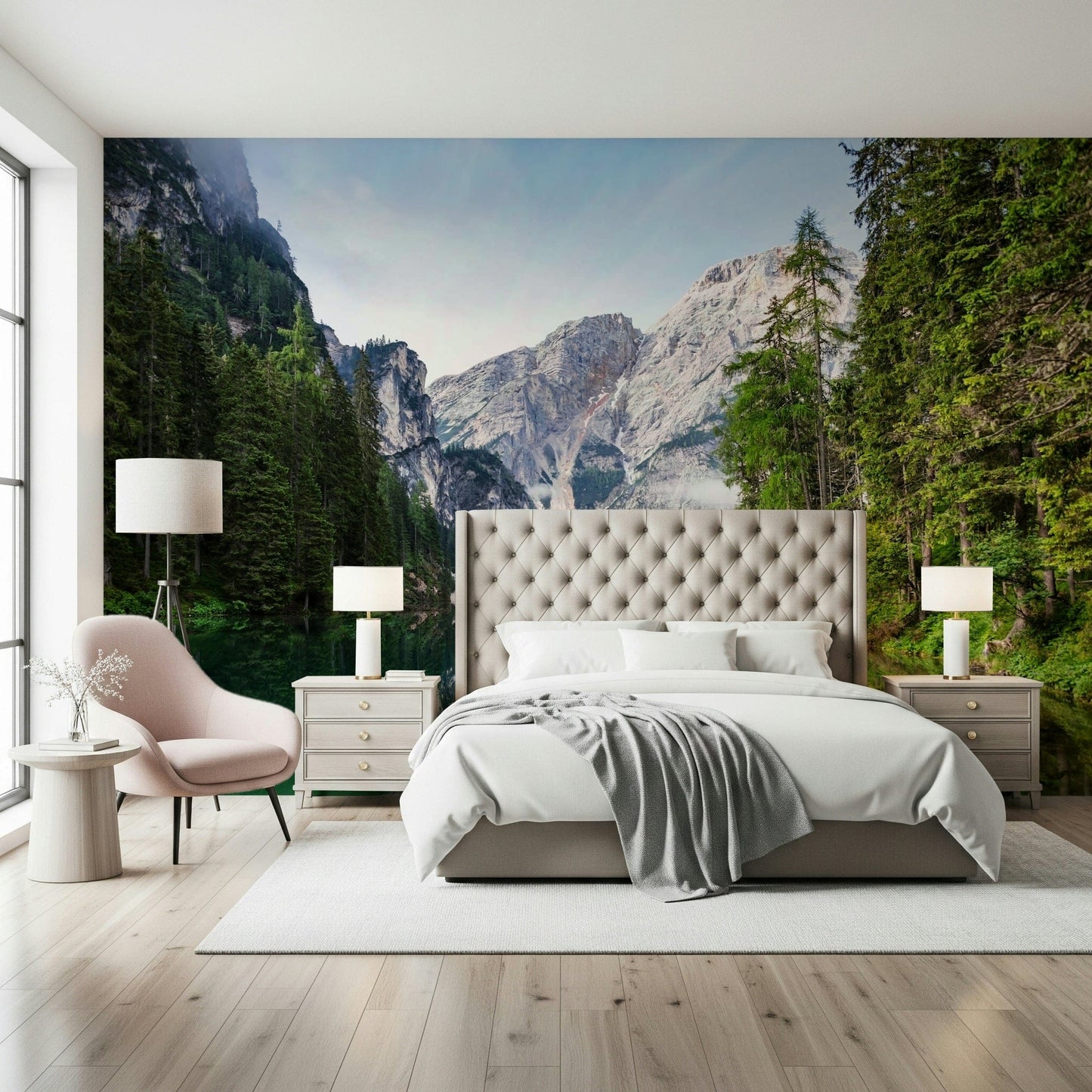 Natural light works beautifully with Alpine Reflections Wall Mural in this restful bedroom