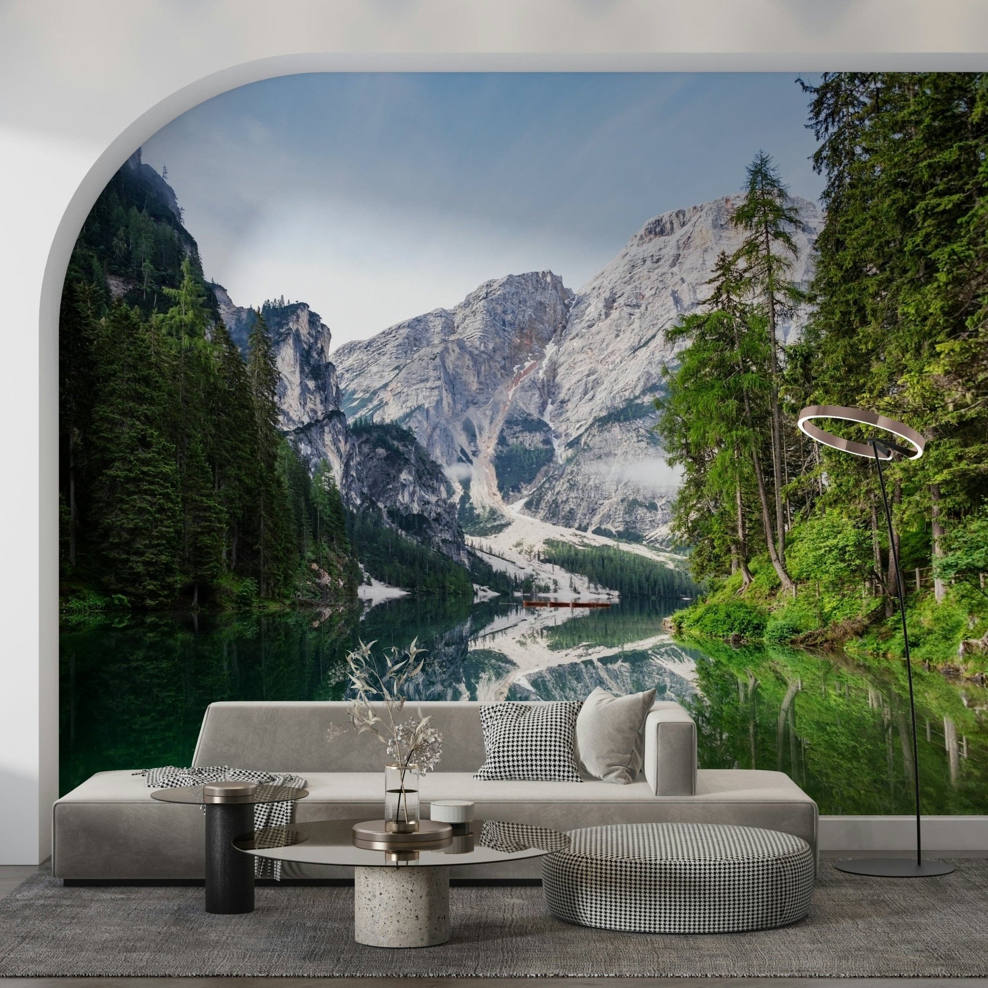 Framed within an arched , Alpine Reflections Wall Mural creates a scenic focal point