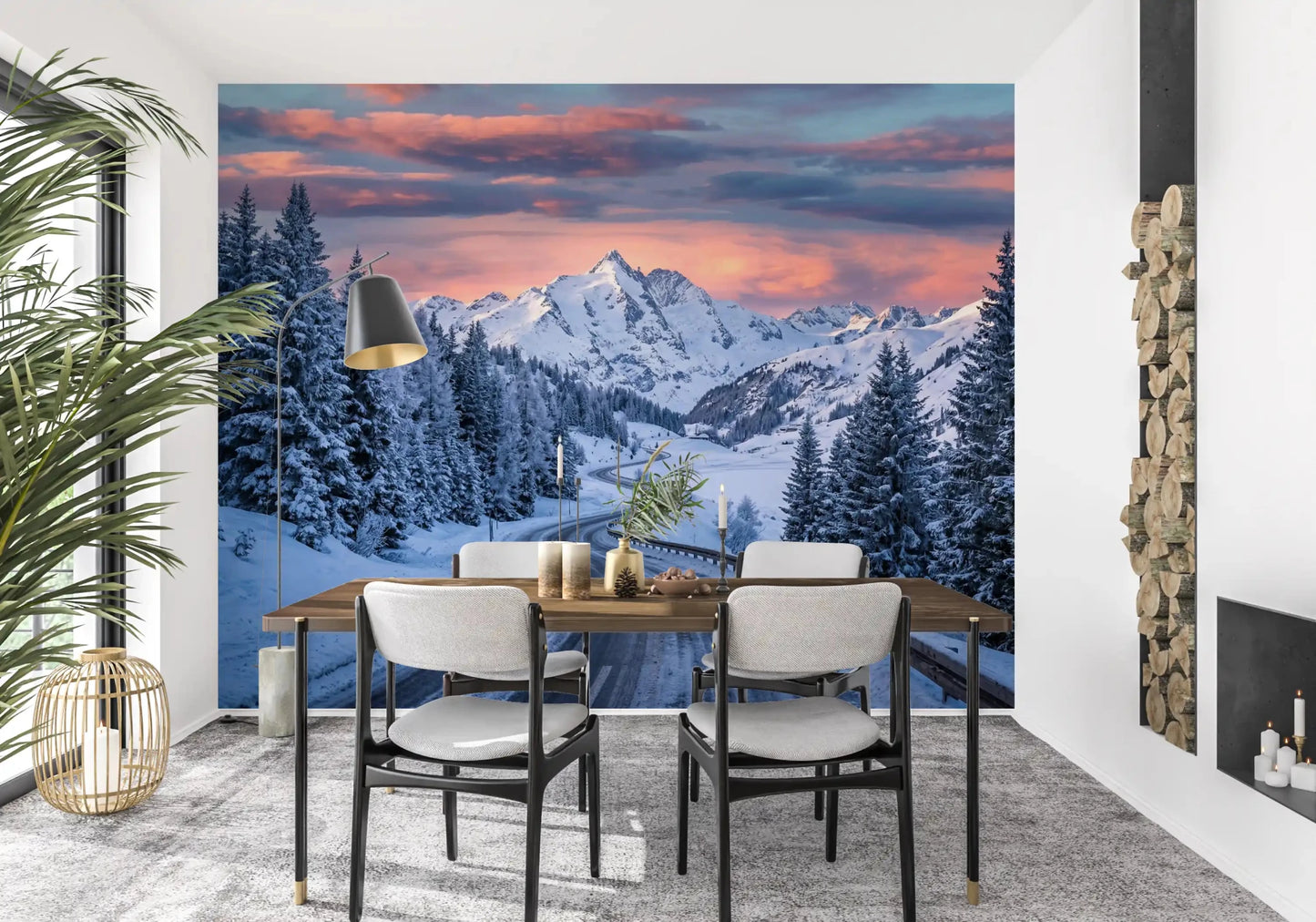 Winter road landscape captured in Alpine Road Sunset Dream wall mural design, GD9227