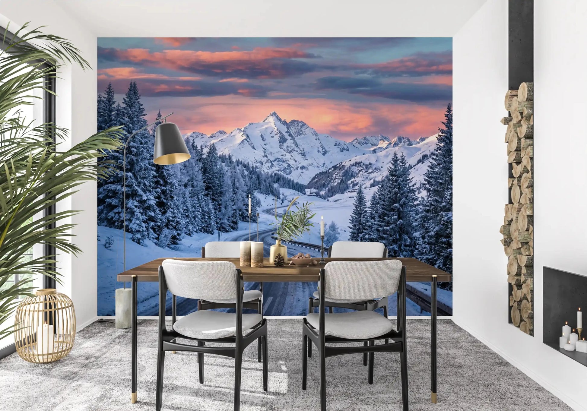 Winter road landscape captured in Alpine Road Sunset Dream wall mural design, GD9227