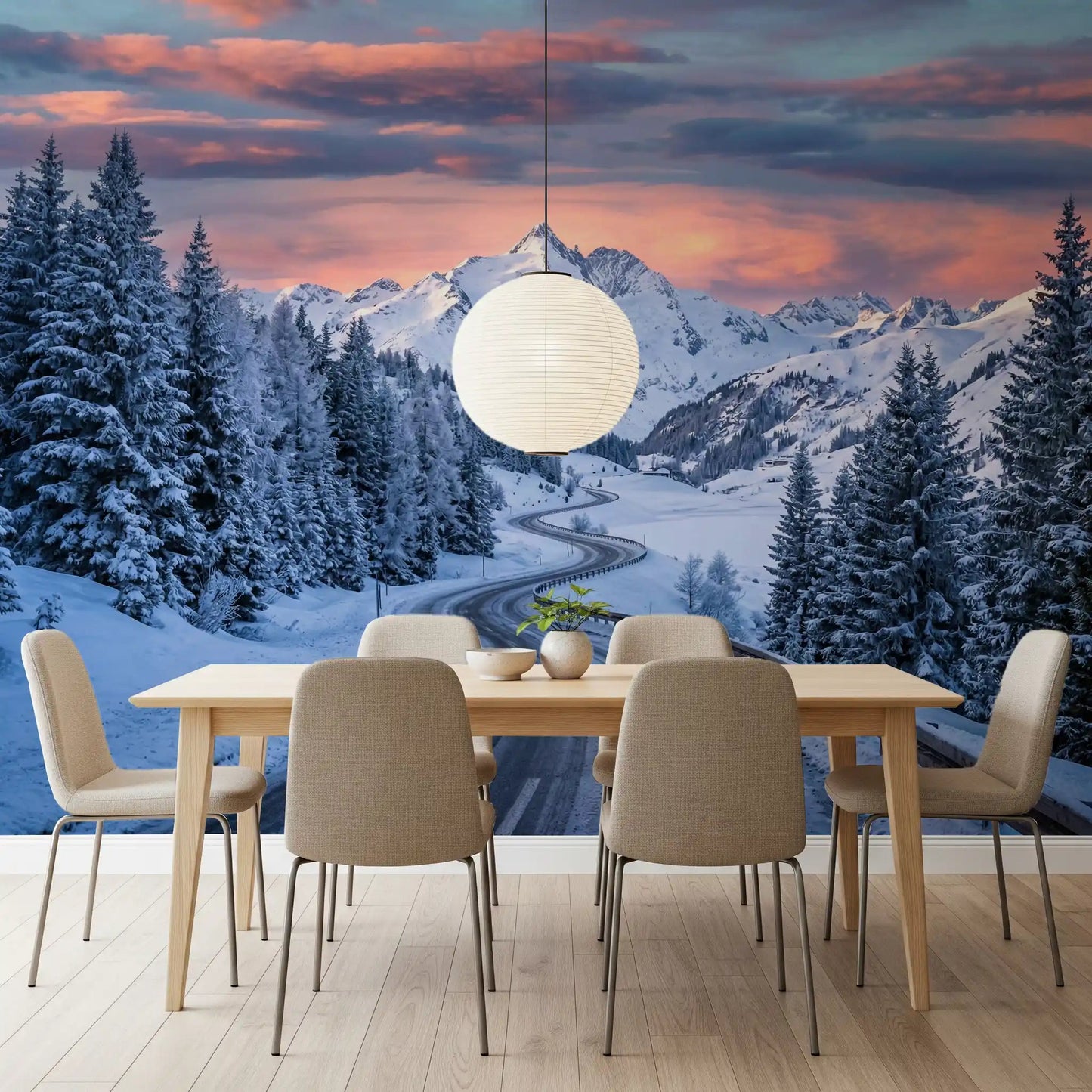 Snowy alpine scenery with road perspective in Alpine Road Sunset Dream wall mural, GD9227
