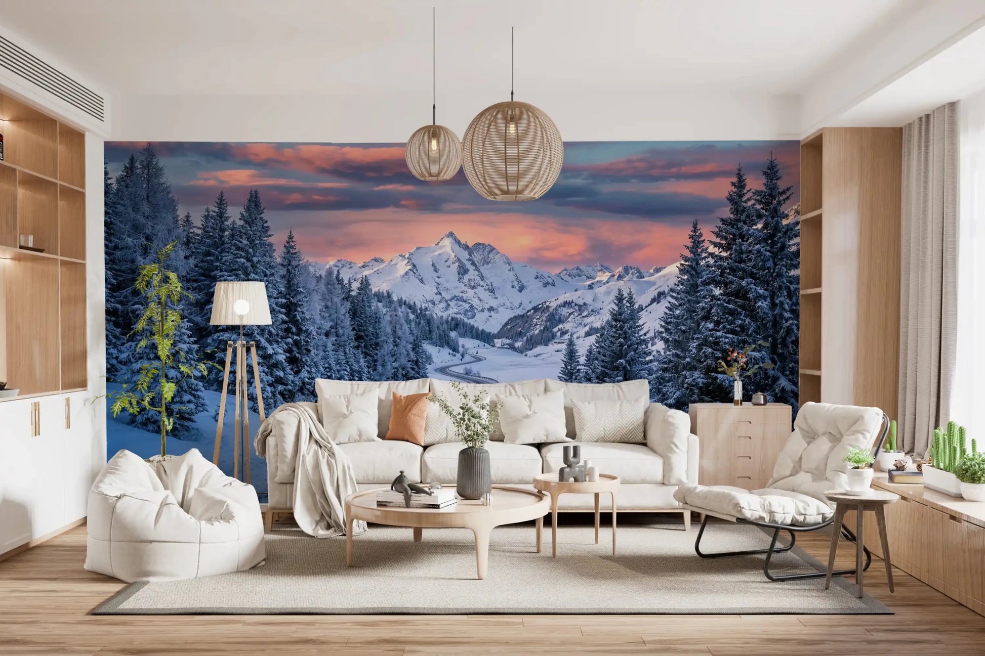Calm winter setting displayed in Alpine Road Sunset Dream wall mural scene, GD9227