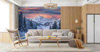 Snow-covered trees and winding road appear in Alpine Road Sunset Dream wall mural, GD9227