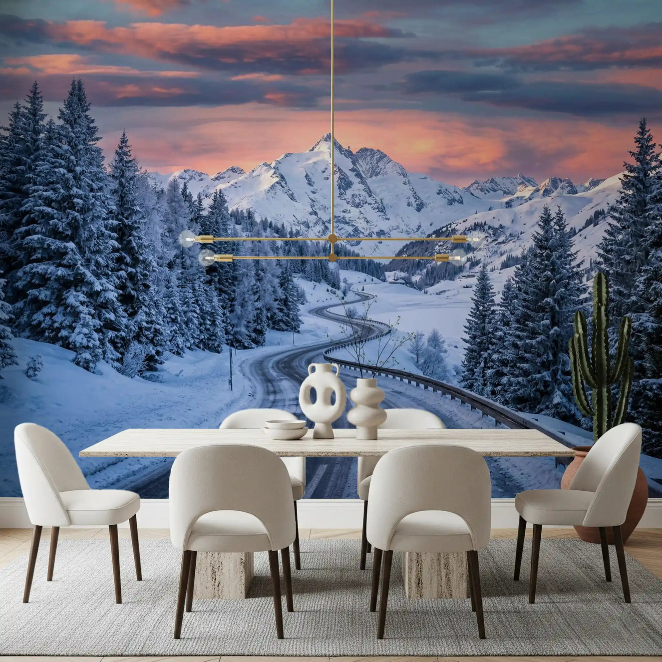 Dining room styled with Alpine Road Sunset Dream wall mural snowy mountain view