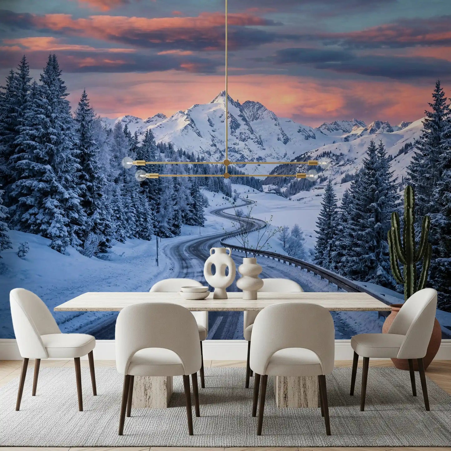 Dining room styled with Alpine Road Sunset Dream wall mural snowy mountain view, GD9227