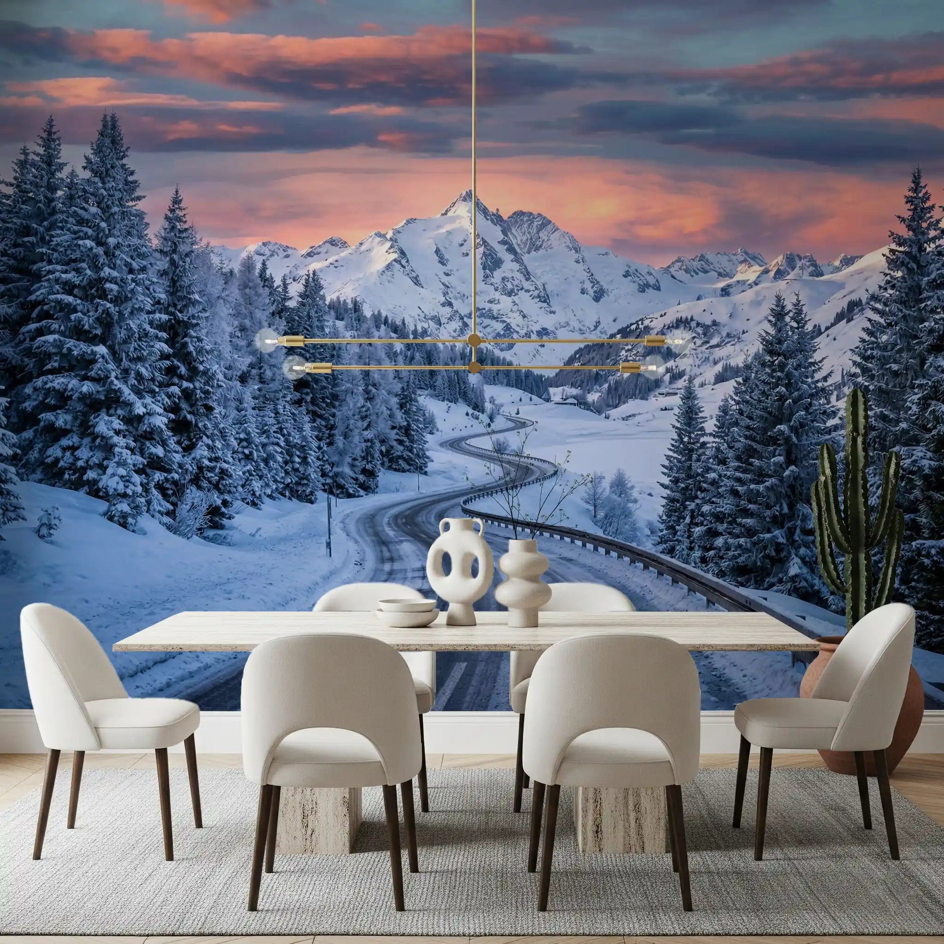 Dining room styled with Alpine Road Sunset Dream wall mural snowy mountain view, GD9227