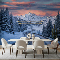 Dining room styled with Alpine Road Sunset Dream wall mural snowy mountain view, GD9227