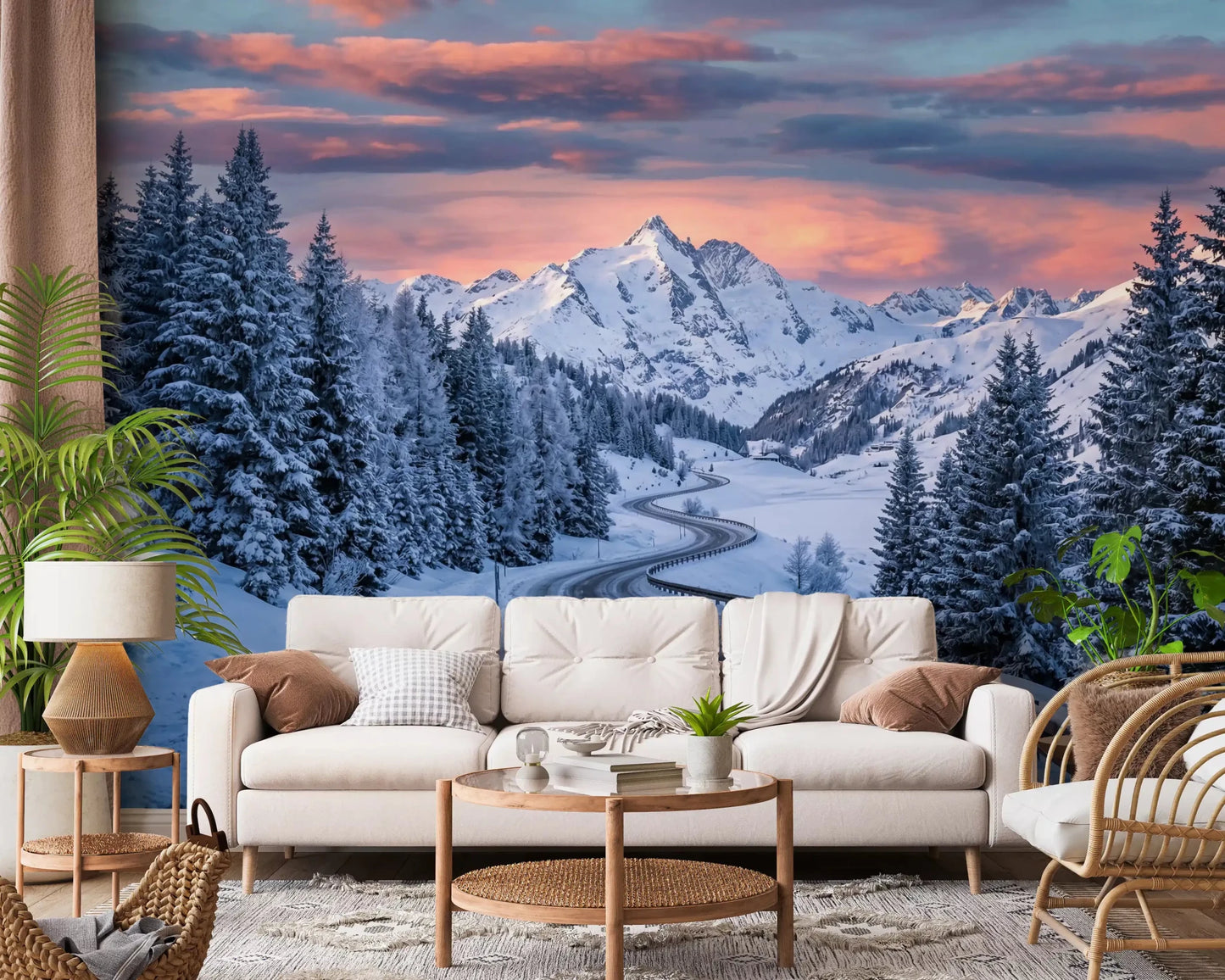 Hallway area showing Alpine Road Sunset Dream wall mural with winter landscape, GD9227