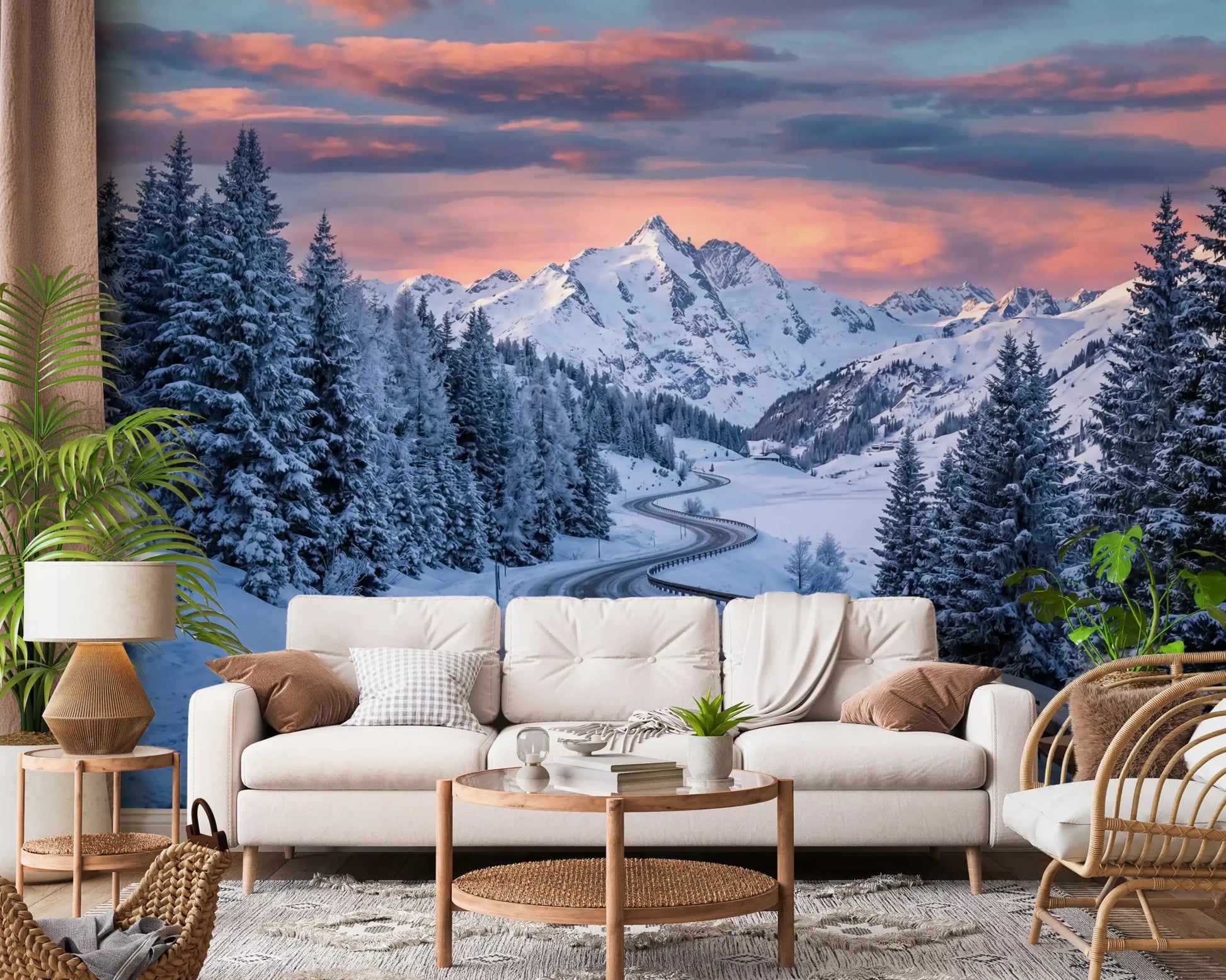 Hallway area showing Alpine Road Sunset Dream wall mural with winter landscape, GD9227