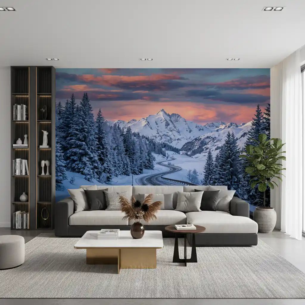 Sunset sky blending with mountain landscape in Alpine Road Sunset Dream wall mural, GD9227