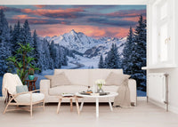 Mountain peaks under sunset sky shown in Alpine Road Sunset Dream wall mural, GD9227