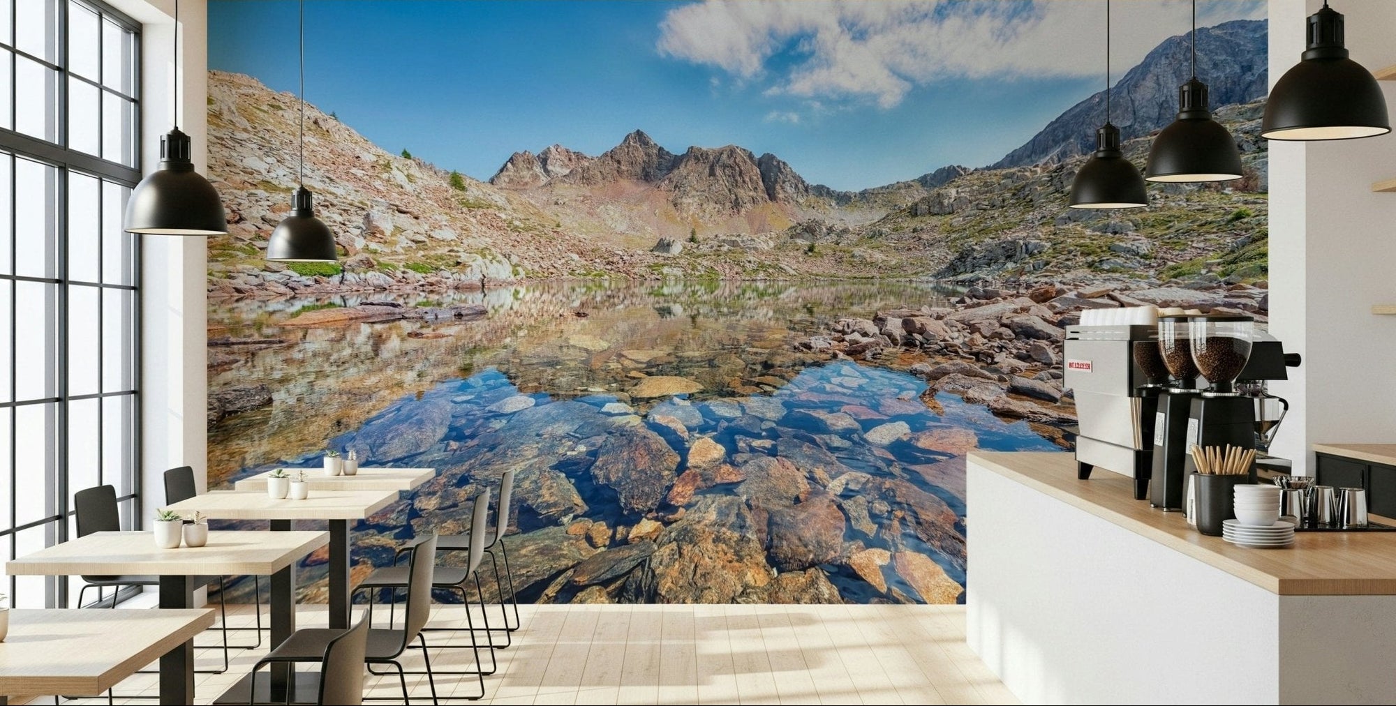 Alpine Serenity Wall Mural gives this café-style Cafe dining space a fresh mountain backdrop, GD7910