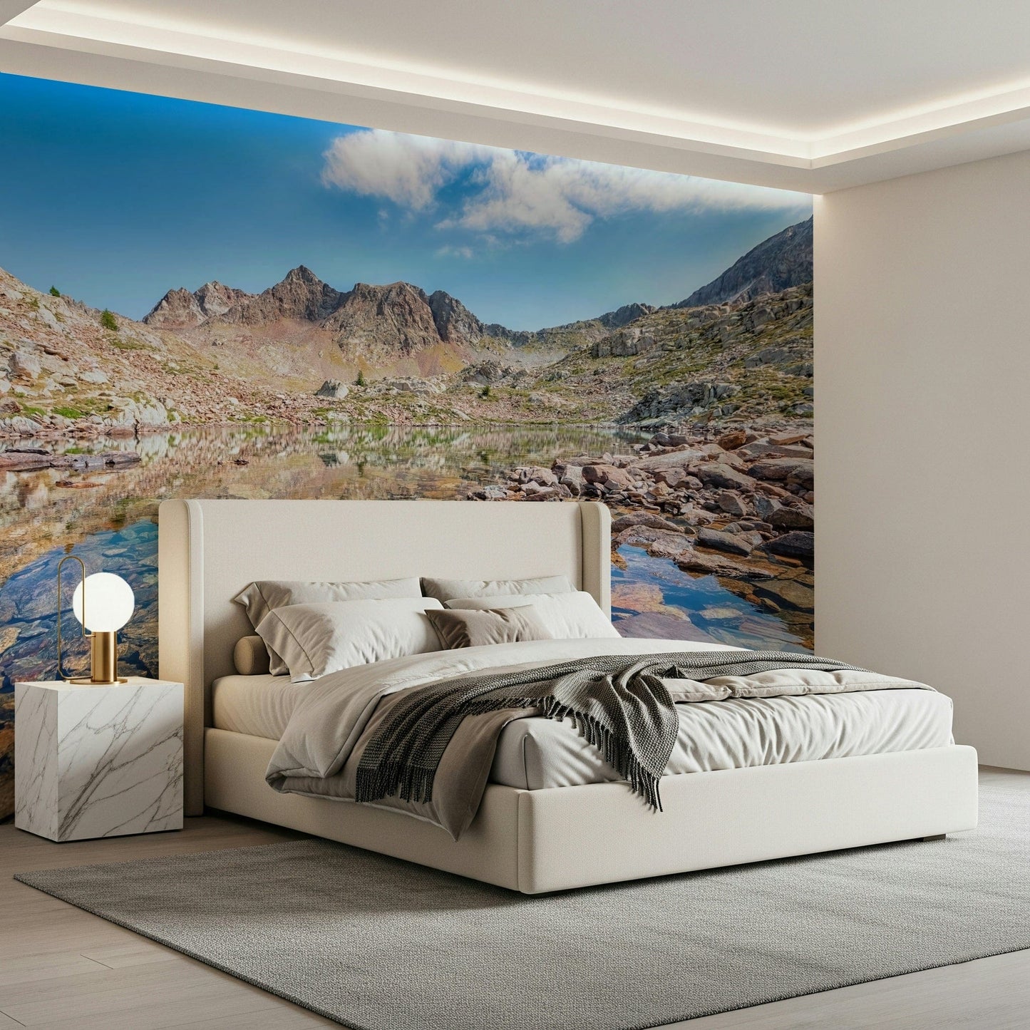 Alpine Serenity Wall Mural makes this bedroom feel brighter with sky and lake reflections