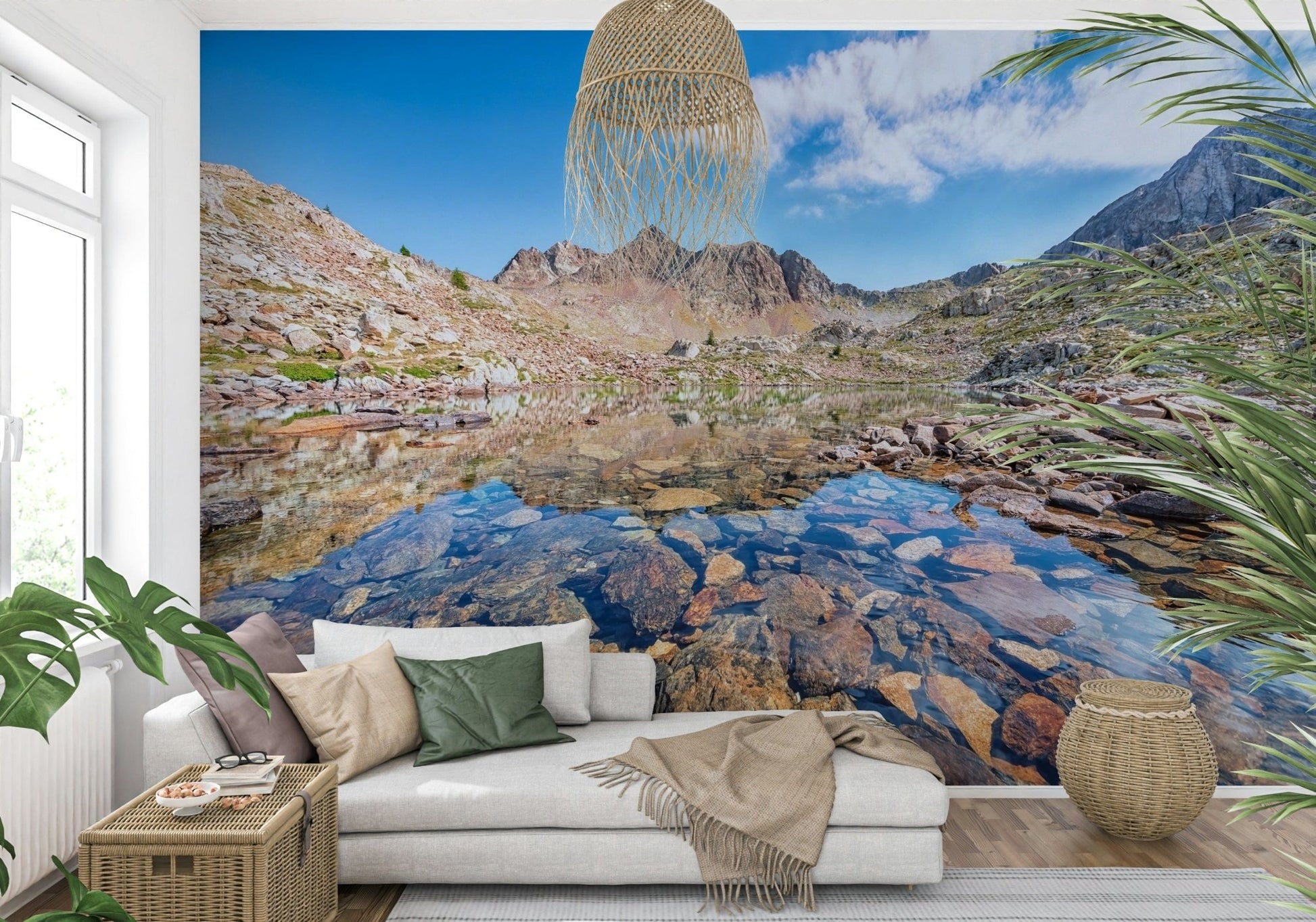 Framed beside soft tropical styling, Alpine Serenity Wall Mural adds cool scenic calm
