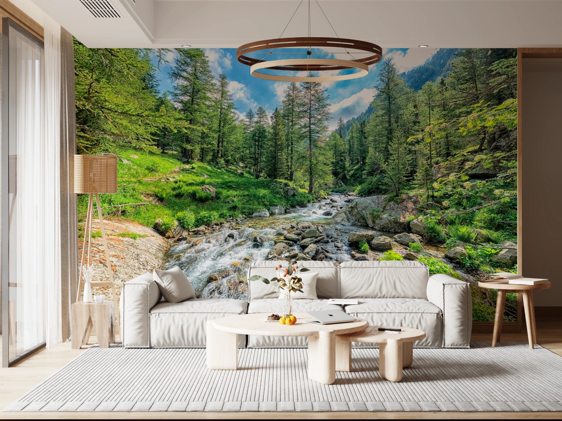 Forest creek wall mural with natural green palette