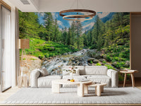 Forest creek wall mural with natural green palette