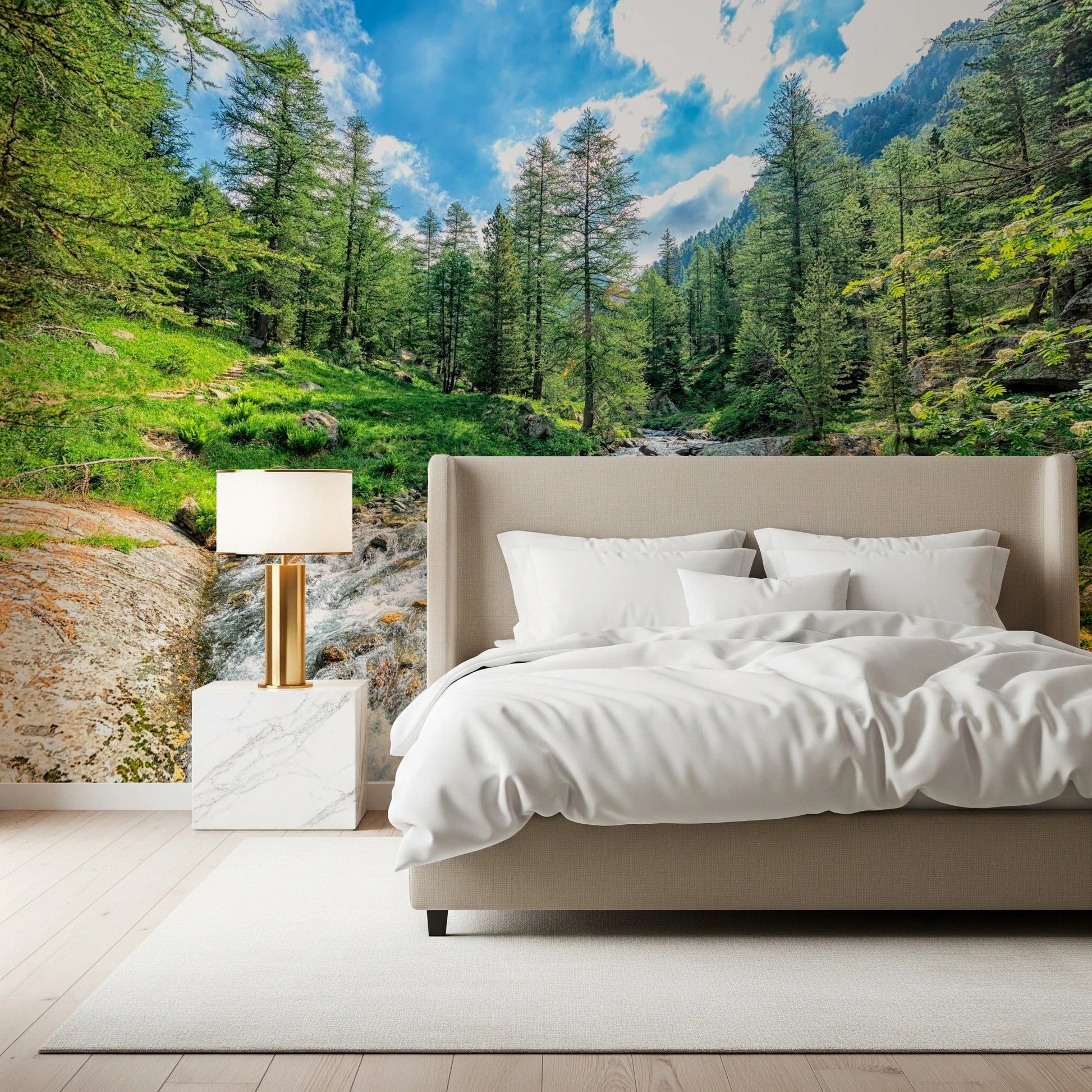 Green forest stream mural for modern living room